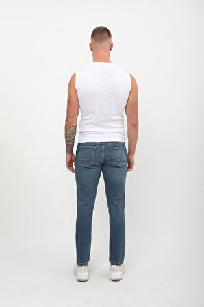 Erkek Slim Fit Normal Bel Düz Kesim Dar Paça Likralı İndigo Jean Pantolon