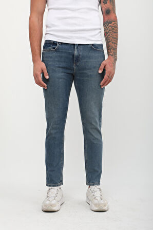 Erkek Slim Fit Normal Bel Düz Kesim Dar Paça Likralı İndigo Jean Pantolon
