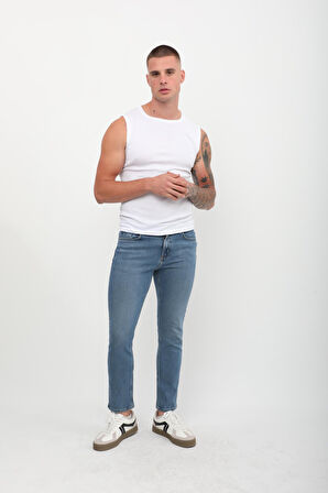 Erkek Slim Fit Normal Bel Düz Kesim Dar Paça Mavi Jean Pantolon