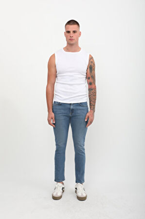 Erkek Slim Fit Normal Bel Düz Kesim Dar Paça Mavi Jean Pantolon