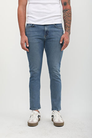Erkek Slim Fit Normal Bel Düz Kesim Dar Paça Mavi Jean Pantolon