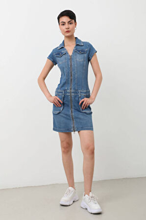 Fermuarlı Cepli Kadın Jean Elbise