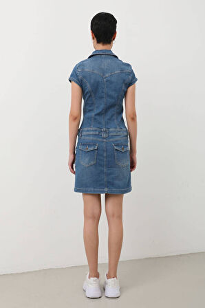 Fermuarlı Cepli Kadın Jean Elbise