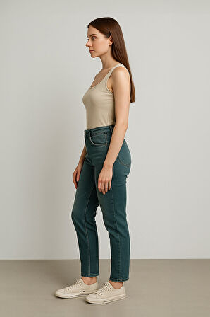 Kadın Yırtık Deyaylı Likralı Jean Pantolon Haki