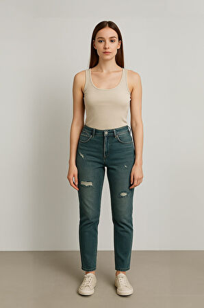 Kadın Yırtık Deyaylı Likralı Jean Pantolon Haki