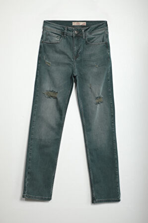 Kadın Yırtık Deyaylı Likralı Jean Pantolon Haki