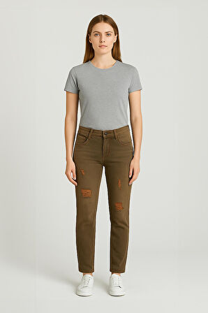 Kadın Yırtık Deyaylı Likralı Jean Pantolon Kahverengi