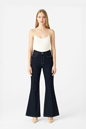 Kadın Likralı İspanyol Flare Paça Yüksek Bel Lacivert Jean Pantolon