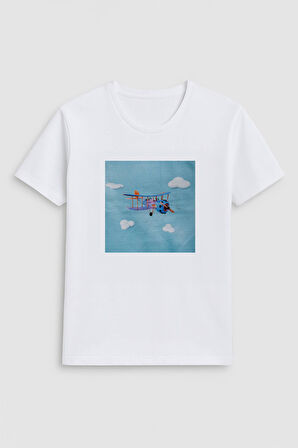 Kadın Bisiklet Yaka %100 Pamuk Helikopter Baskılı Kısa Kollu T-Shirt