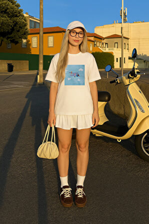 Kadın Bisiklet Yaka %100 Pamuk Helikopter Baskılı Kısa Kollu T-Shirt