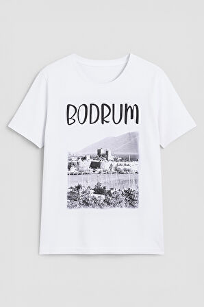 Kadın Bisiklet Yaka %100 Pamuk Bodrum Baskılı Kısa Kollu T-Shirt
