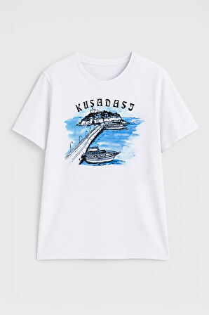 Kadın Bisiklet Yaka %100 Pamuk Mavi Kuşadası Baskılı Kısa Kollu T-Shirt