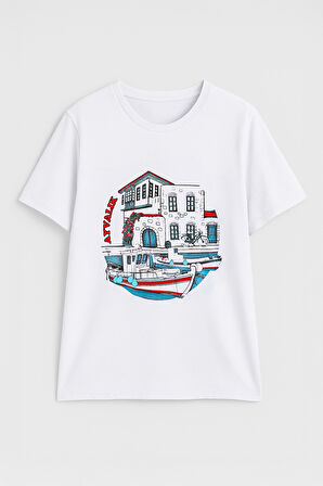 Kadın Bisiklet Yaka %100 Pamuk Ayvalık Baskılı Kısa Kollu T-Shirt