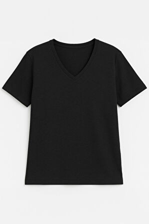 Kadın V Yaka Kısa Kollu Düz T-Shirt