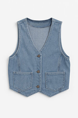 Kadın Cepli %100 Pamuk Açık Mavi Jean Yelek