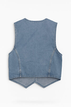 Kadın Cepli %100 Pamuk Açık Mavi Jean Yelek