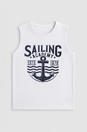 Kadın Bisiklet Yaka Baskılı Beyaz Kolsuz T-shirt