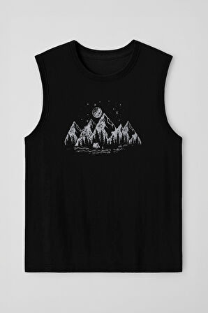 Kadın Bisiklet Yaka Baskılı Siyah Kolsuz T-shirt
