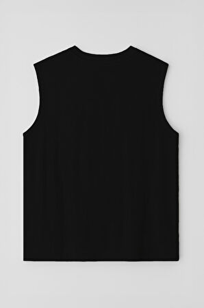 Kadın Bisiklet Yaka Baskılı Siyah Kolsuz T-shirt