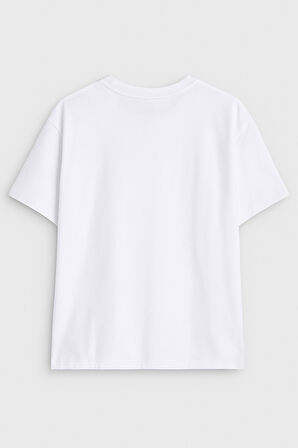 Kadın Rahat Kesim Bisiklet Yaka Baskılı Beyaz T-shirt