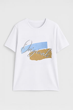 Kadın %100 Pamuk Bisiklet Yaka Baskılı Lacivert  T-shirt