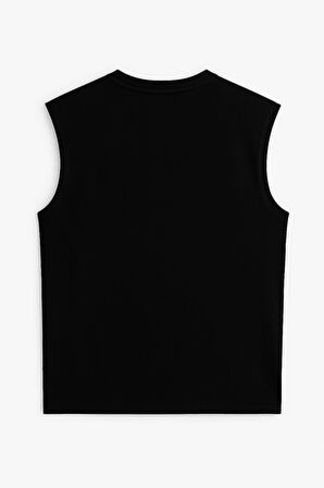 Erkek Bisiklet Yaka Baskılı Siyah Kolsuz T-shirt