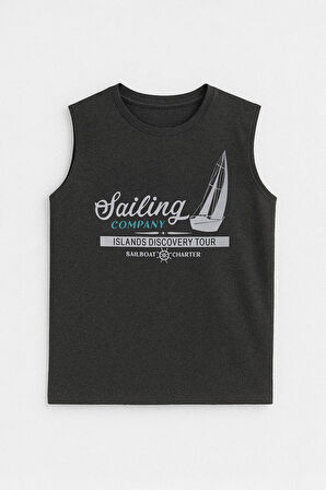 Erkek Bisiklet Yaka Baskılı Antrasit Kolsuz T-shirt