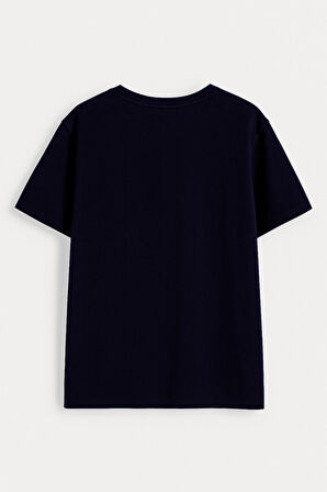 Erkek %100 Pamuk Bisiklet Yaka Baskılı Lacivert  T-shirt