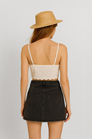 Yüksek Bel Püsküllü Mini Jean Etek