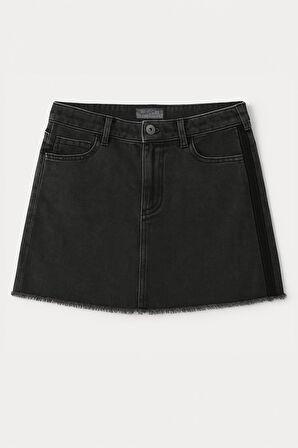 Yüksek Bel Püsküllü Mini Jean Etek