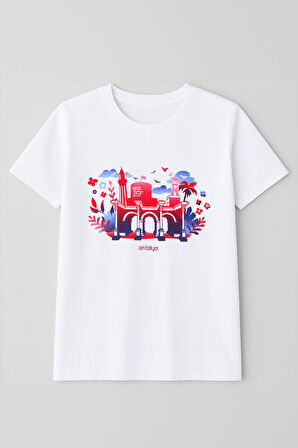 Erkek Bisiklet Yaka %100 Pamuk Antalya Baskılı Kısa Kollu T-shirt