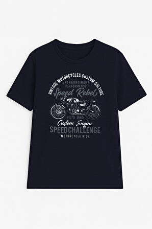 Erkek %100 Pamuk Bisiklet Yaka Motor Baskılı T-shirt