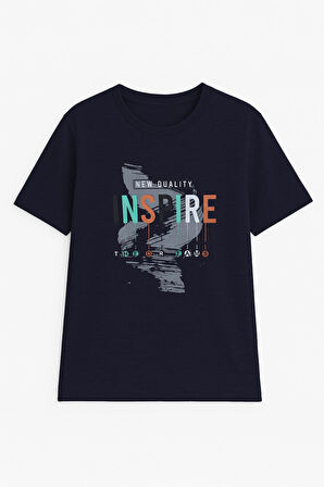 Erkek %100 Pamuk Bisiklet Yaka Yazı Baskılı T-shirt