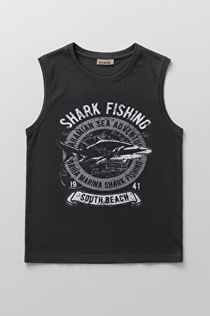 Erkek %100 Pamuk Bisiklet Yaka Shark Baskılı Kolsuz T-shirt
