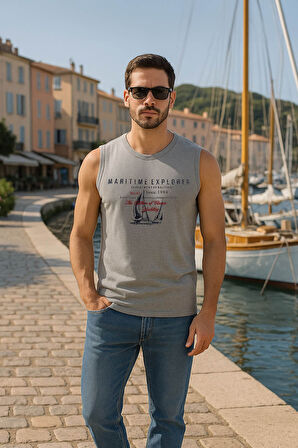 Erkek Bisiklet Yaka Baskılı Açık Mavi Kolsuz T-shirt