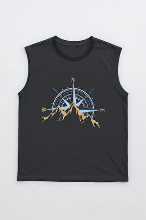 Erkek %100 Pamuk Bisiklet Yaka Pusula Baskılı Kolsuz T-shirt