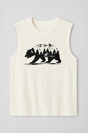 Erkek %100 Pamuk Bisiklet Yaka Bear Baskılı Kolsuz T-shirt