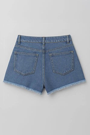 Kadın Yüksek Bel Kemerli Jean Şort Etek