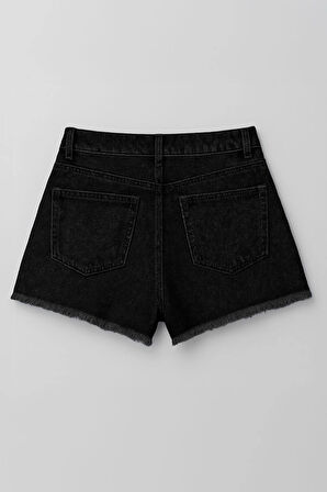 Kadın Yüksek Bel Kemerli Jean Şort Etek