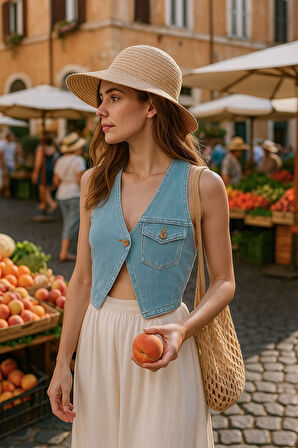 Kadın Tek Düğmeli Boyundan Askılı Jean Yelek