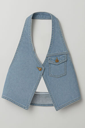 Kadın Tek Düğmeli Boyundan Askılı Jean Yelek