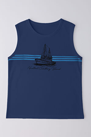 Erkek Gemi Baskılı %100 Pamuk Kolsuz T-shirt