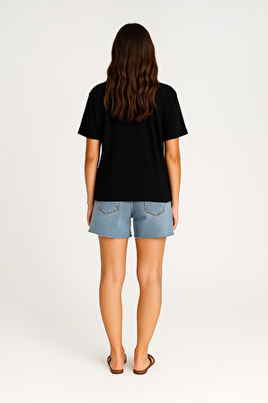 Kadın Bisiklet Yaka Oversize %100 Pamuk T-Shirt
