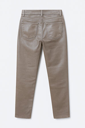 Kadın Yüksek Bel Parlak Mum Kumaş Straight Fit Jean Pantolon