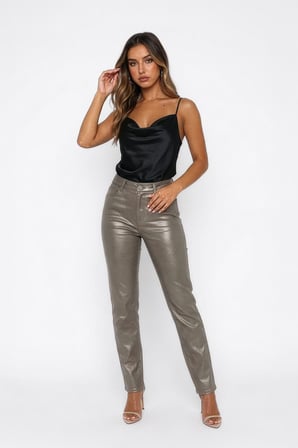 Kadın Yüksek Bel Parlak Mum Kumaş Straight Fit Jean Pantolon