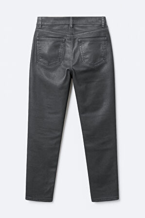Kadın Yüksek Bel Parlak Mum Kumaş Wide Leg Jean Pantolon
