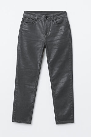 Kadın Yüksek Bel Parlak Mum Kumaş Wide Leg Jean Pantolon