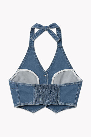 Kadın Açık Mavi Düğmeli Bağlamalı Crop Jean Büstiyer