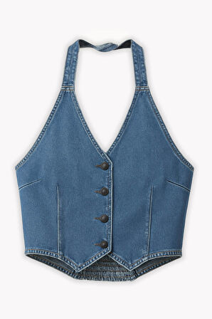 Kadın Açık Mavi Düğmeli Bağlamalı Crop Jean Büstiyer