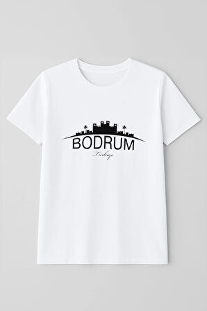 Kadın %100 Pamuk Bodrum Baskılı Kısa Kollu Beyaz T-Shirt